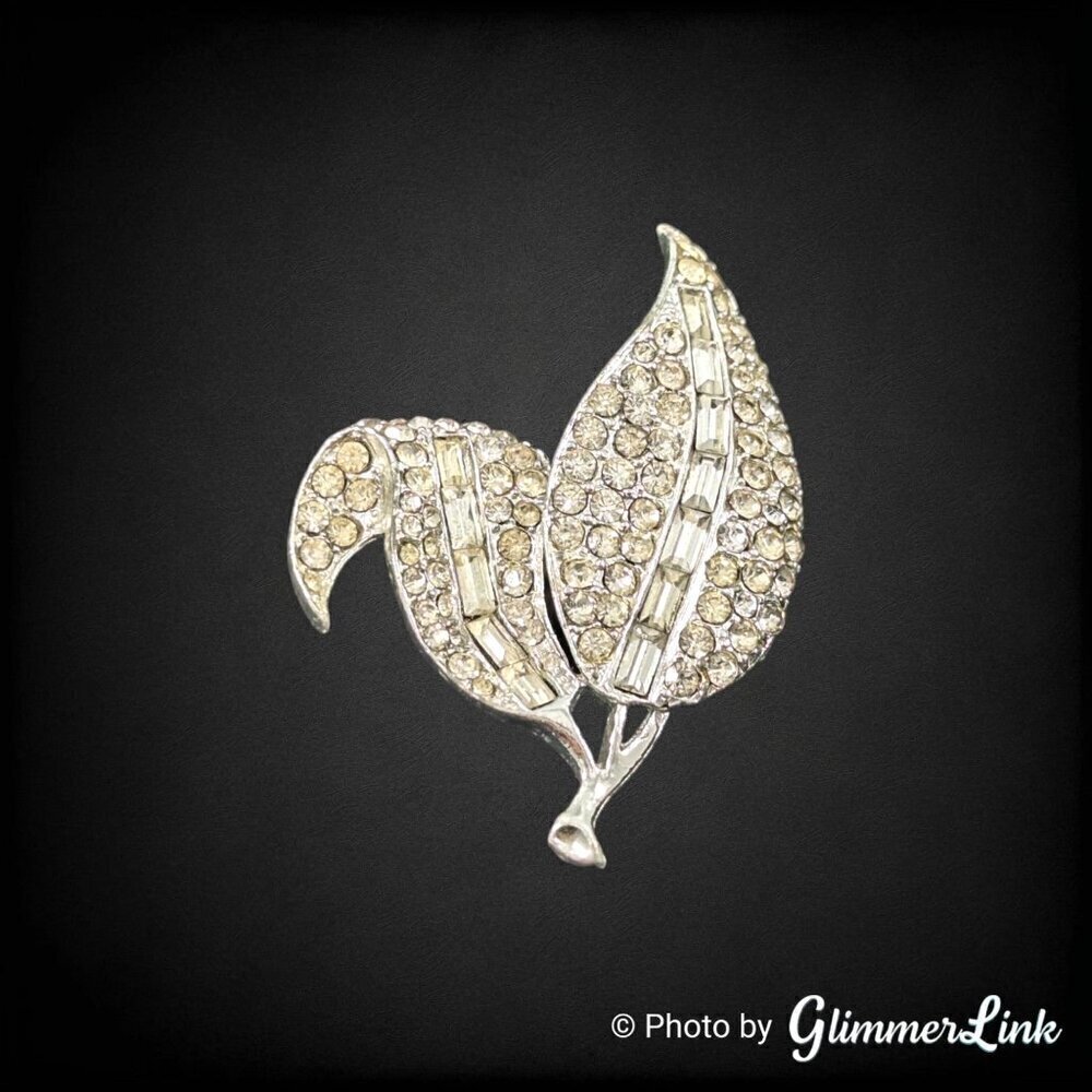 Vintage Double Leaf Pave Rhinestone Silver Tone Brooch Pin